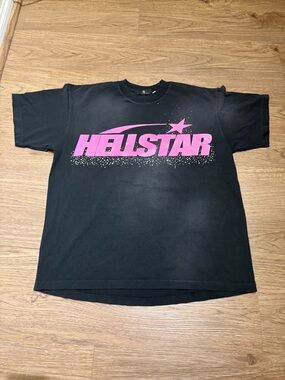 Black Hellstar Rhinestone Tee With Pink Lettering